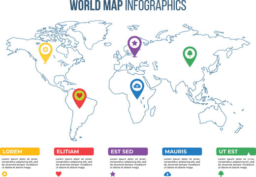 World Map Infographics Vector Template with Location Pin Pointers and Text Placeholders