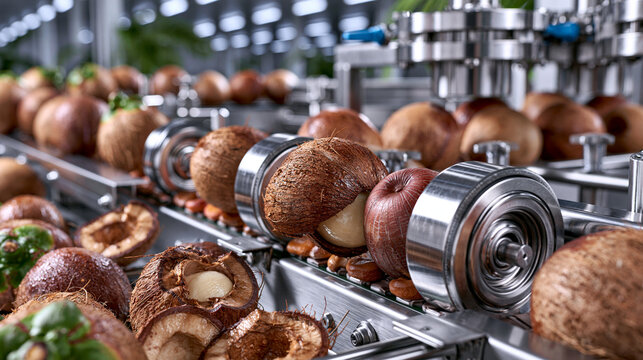 AI generator images of Automated coconut shell removing machine inside a modern food factory, fresh coconuts entering stainless steel shelling equipment, high-speed industrial processing, hygienic tro