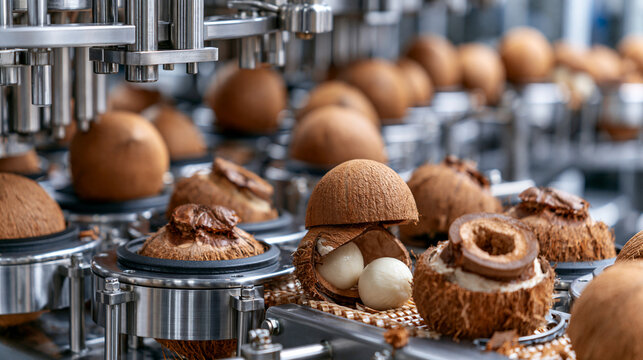 AI generator images of Automated coconut shell removing machine inside a modern food factory, fresh coconuts entering stainless steel shelling equipment, high-speed industrial processing, hygienic tro