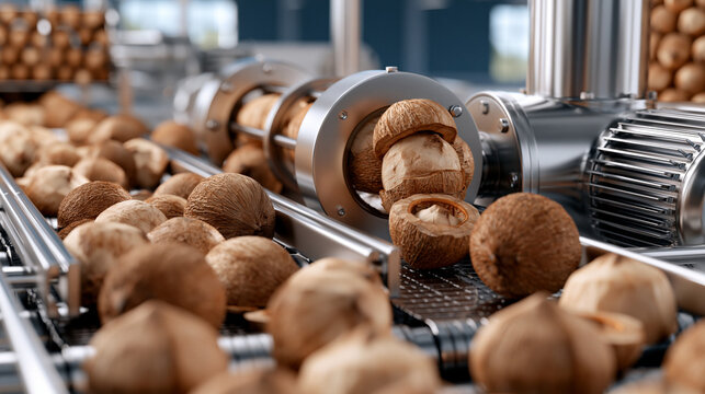 AI generator images of Automated coconut shell removing machine inside a modern food factory, fresh coconuts entering stainless steel shelling equipment, high-speed industrial processing, hygienic tro