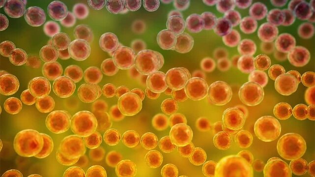 Streptococcus pyogenes bacterium, 3D animation showing spherical Gram-positive cocci arranged in chains, representing characteristic group A streptococcal morphology.