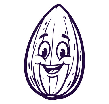 Smiling cartoon almond with big eyes and eyebrows on transparent background