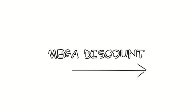 Mega discount. Contour drawing business text animation with arrow, direction. Continuous line word. Isolated message on white. Video 4k object illustration self-drawing. Minimalist continuous line dra