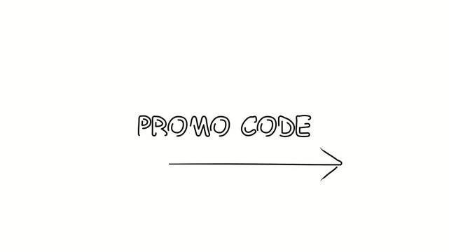Promo code. Contour drawing business text animation with arrow, direction. Continuous line word. Isolated message on white. Video 4k object illustration self-drawing. Minimalist continuous line drawin