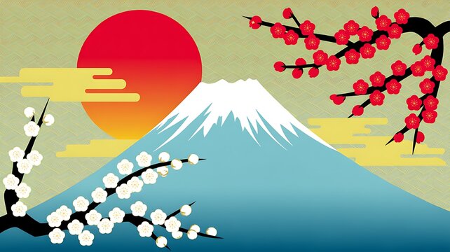 Mount fuji with cherry blossoms at sunrise