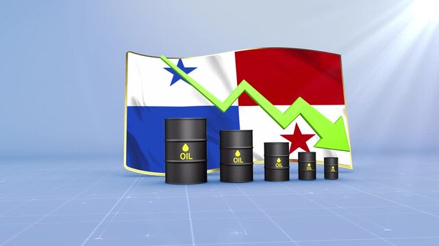 Panama Oil Price Falling with Oil Barrels Downward Green Arrow and 3D Financial Data Visualization Graphs for Economy and Business Concept
