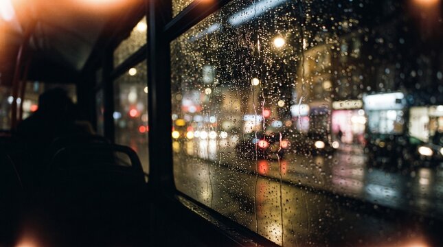 Raindrops on a bus window with blurred city night traffic lights
