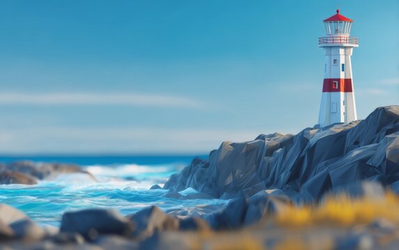 Classic white lighthouse with red stripe on rocky shore by blue ocean