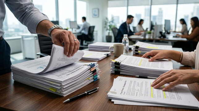 Office workers organize piles of documents on desks, business administration, teamwork