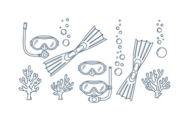 Scuba diving equipment icons with mask snorkel flippers and sea coral line art vector elements. © Sayma Akter