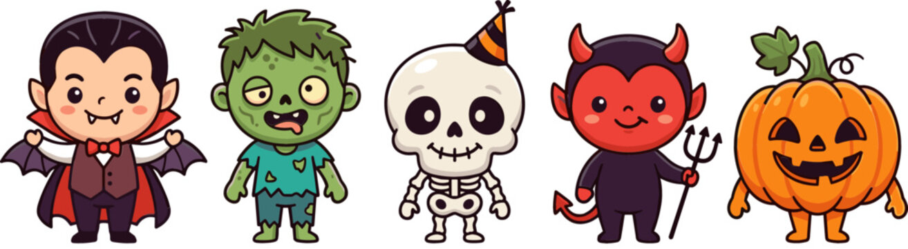Cute Halloween Monster Character Set with Adorable Chibi Vampire, Zombie, Skeleton, Devil, and Jack o Lantern Pumpkin Vectors for Festive Kids Graphic Design