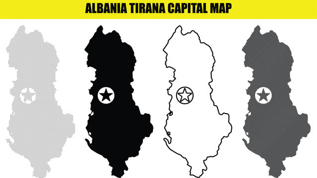 Four variations of albania map outlines with tirana capital city marked by a star symbol, isolated on white background