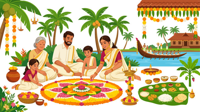 Happy Indian Kerala Family Celebrating Onam Festival Together Making Flower Rangoli Pookalam with Traditional Sadhya Feast and Vallam Kali Boat Race Scene Vector