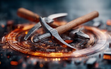 Obraz premium Vivid 3D Concept of Mining Tools with Shovel and Pickaxe on Digital Background