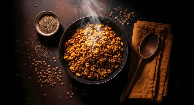 Top view of hot steaming cooked lentils in a black bowl served with spices and a wooden spoon on a rustic dark background
