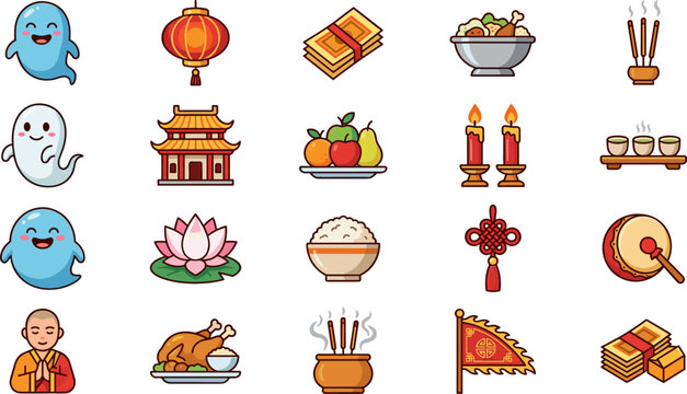 Chinese Hungry Ghost Festival Cute Icon Set with Friendly Spirits, Traditional Food Offerings, Joss Paper, Monks, Incense Burners, Lanterns, and Temple Symbols