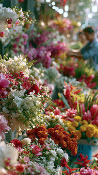 AI generator images of fresh flower market filled with a wide variety of flowers arranged beautifully. flower market filled with vibrant orchids, roses, marigolds and tropical flowers, florist 