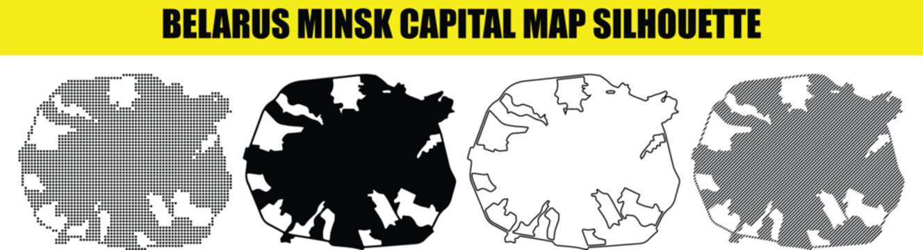 Set of four minsk city map silhouettes, including dotted, solid black, outline, and diagonal hatch pattern variations of the belarus capital