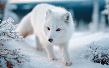 Fototapeta premium Arctic Fox Wanders Through Snowy Tundra Landscape Under Dramatic Lighting