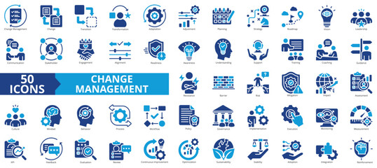 Naklejka na ściany i meble change management icon set contains transition, transformation, adaptation, adjustment, planning, strategy, roadmap, vision, leadership, adoption, stakeholder, impact, reinforcement, implementation