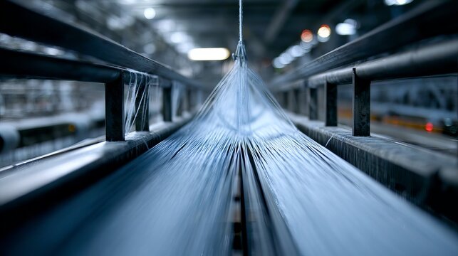 Industrial weaving machine close-up, showcasing intricate textile production process with blurred background and modern factory setting
