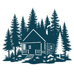 Fototapeta premium Log cabin in the woods with tall pine trees around it