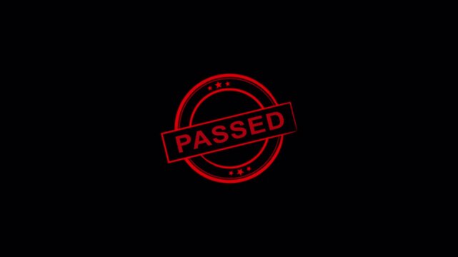 PASSED rubber stamp seal on transparent background, for successful results, approvals, certifications, exams, evaluations, achievements, and verified outcomes. Red stamp animation in 4K,Alpha  Channel