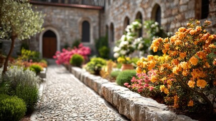 Fototapeta premium Stone pathway lined with vibrant flowering bushes in sunny courtyard garden