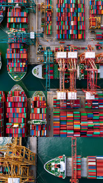 AI generator images of Busy international container port filled with thousands of colorful shipping containers, giant cargo cranes operating continuously, cargo vessels arriving and departing