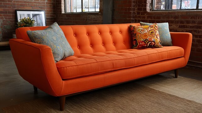 A vibrant orange tufted sofa sits elegantly in a modern living room, showcasing stylish interior design and comfortable relaxation.