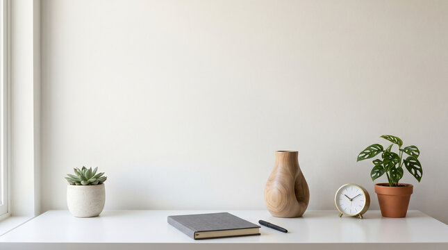 Modern home office desk workspace with a white tabletop, gray notebook, pen, wooden vase, minimalist clock, and small potted plants against a bright neutral wall background.