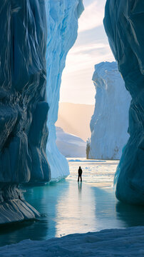 AI generator images of a lone explorer through melting icebergs under the Antarctic summer sun, surrounded by turquoise meltwater and towering ice cliffs. Calm atmosphere, warm sunlight reflecting off