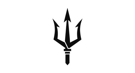 A striking black silhouette of a trident, a three-pronged spear, against a clean white background, symbolizing power and mythology. © Bawoto