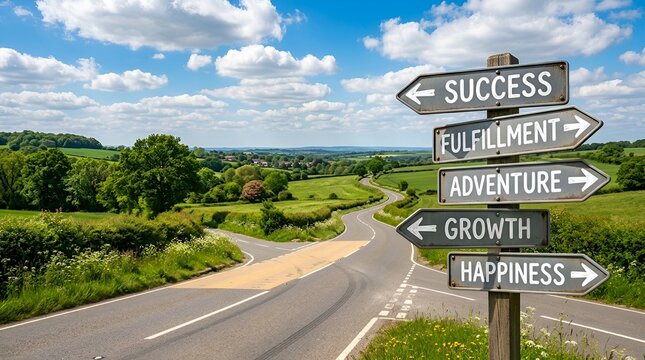 Life direction signpost with success, fulfillment, adventure, growth, happiness text