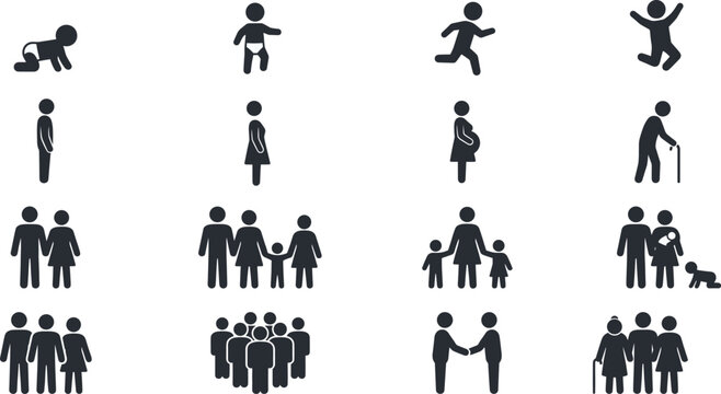 Human life cycle and family stick figure silhouette icon set for society and community design