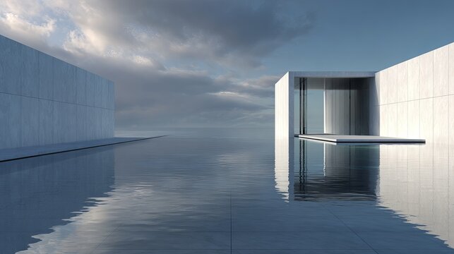Modern architectural structure with reflective water and cloudy sky, showcasing minimalist design and serene atmosphere