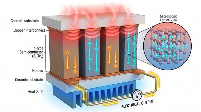 3D Physics Diagram of Electron Flow in a Thermoelectric Generator
