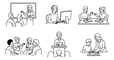Obraz premium Minimalist education line art icons, school classroom and learning vector set, black and white student and teacher illustrations for academic design