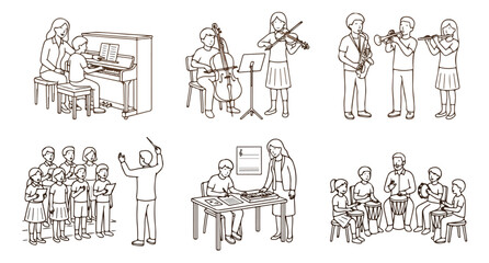 Minimalist line art music education set, children playing musical instruments vector, school choir and orchestra rehearsal illustrations © Rehman