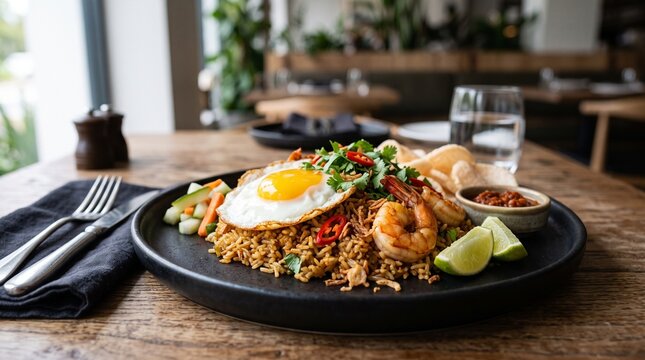 Premium Indonesian nasi goreng served on a modern matte black ceramic plate, perfectly fried rice with professional commercial food photography