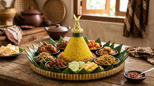 Traditional Indonesian nasi tumpeng served on a woven bamboo tray lined with fresh banana leaves soft blurred traditional kitchen background, professional food photography