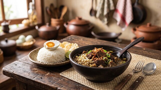 Traditional East Javanese rawon beef soup served in a rustic ceramic bowl with authentic Indonesian kitchen background softly blurred, warm natural lighting, professional food photography