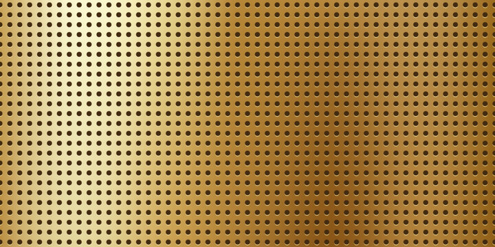 Perforated metal texture with plate gold pattern and carbon sheet background. Yellow brass honeycomb with steel grill vector and black cloth copper. Industrial hard perforated with dark surface.