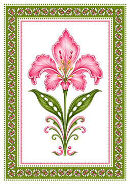Vintage Pink Floral Botanical Illustration with Ornamental Folk Art Border | Decorative Hand Drawn Flower Design