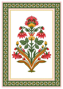 Vintage Floral Folk Art Botanical Illustration with Ornamental Border | Traditional Hand Drawn Decorative Floral Design