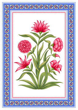 Vintage Floral Botanical Illustration with Ornamental Folk Art Border | Traditional Decorative Flower Artwork