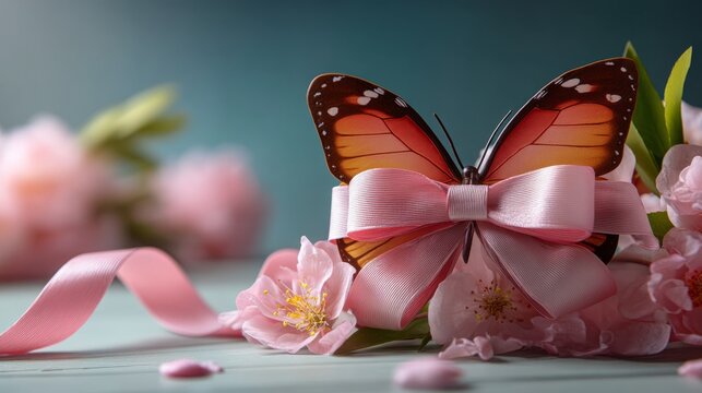 Close up of orange butterfly sitting on pink ribbon with soft flower petals