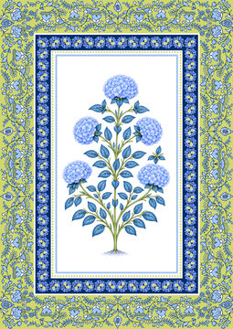 Blue Hydrangea Botanical Illustration with Vintage Ornamental Floral Border | Traditional Folk Art Decorative Design
