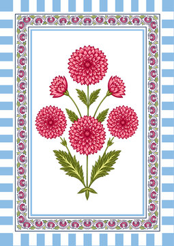 Pink Chrysanthemum Botanical Illustration with Vintage Ornamental Border | Hand Drawn Floral Folk Art Design
