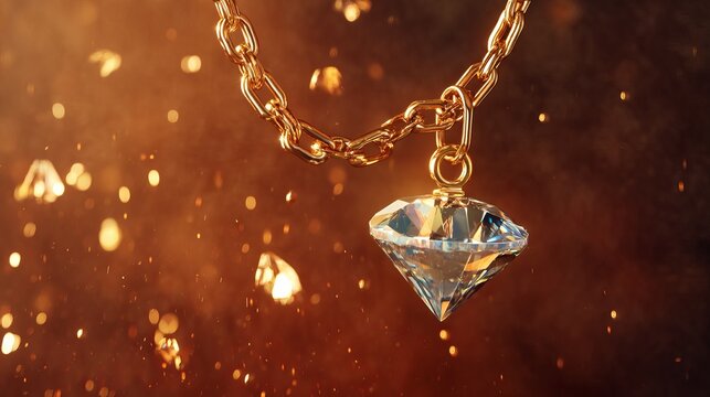 Close up of luxurious pendant with large sparkling gemstone on gold chain